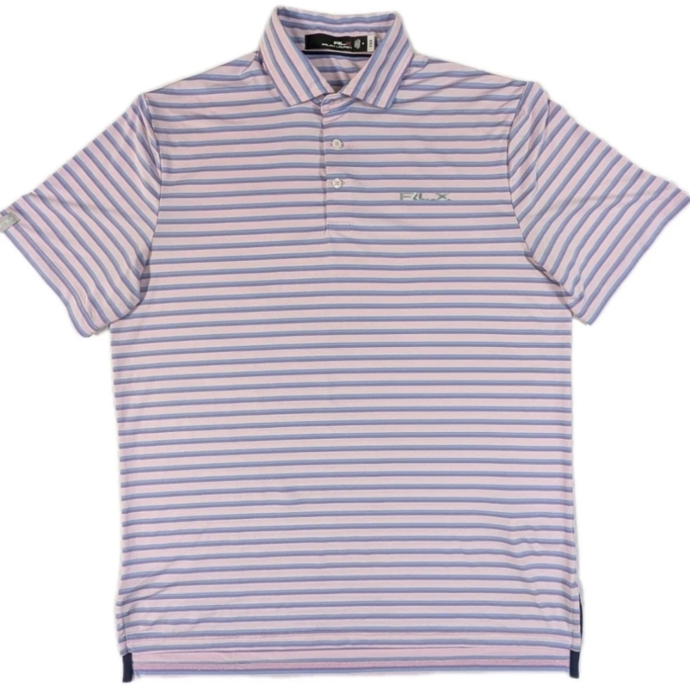 RLX Ralph Lauren Mens Medium M Golf Polo Shirt Pink Blue Striped Stretch